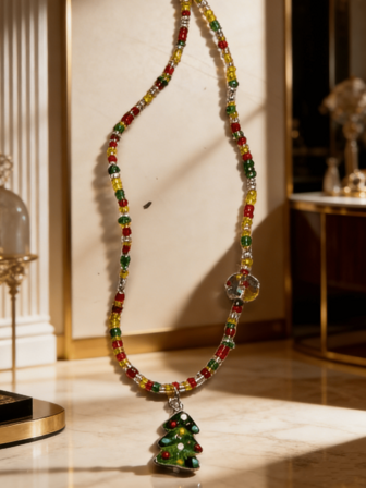 1pc INS Style Colorful Beaded Acrylic Christmas Tree Pendant Necklace, Adorable & Versatile Jewelry Accessory, Suitable For Women Christmas, Holiday, Daily Wear, Date, Gift (OPP Bag Packaging)