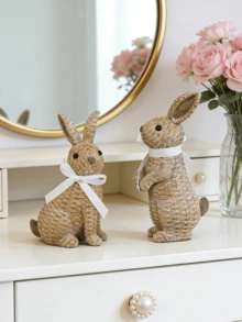 Juego de figuras de conejo de textura trenzada de resina (con cinta blanca) - Diseño de conejo adorable, adecuado para colocar en estantes de la sala de estar, mesas de patio y tocador. Agrega un ambiente cálido y encantador, una opción popular para la decoración del hogar de moda, se puede usar para crear exhibiciones distintivas interiores/exteriores. Decoración de Pascua, regalo de Pascua. - Multicolor - Ver 4