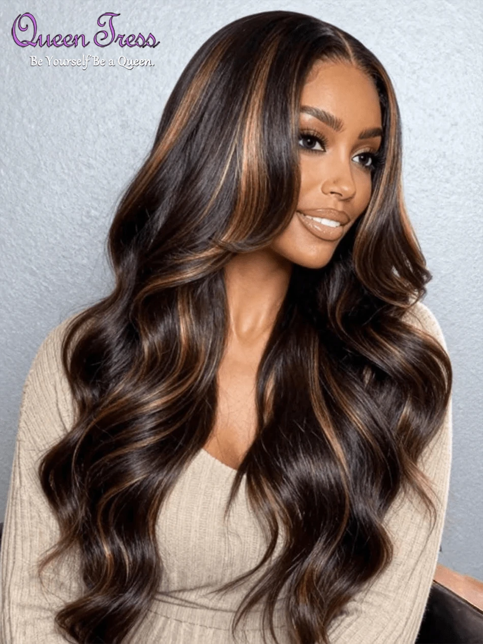 CEXXY 34-Inch Long, Honey-Blonde Ombré Lace Front Wig Made Of Real Human Hair, 250% Density, Body Wave, 13x4 HD Lace Front, Pre-Plucked, Brown Highlights, S1/30, Colored Lace Front, Glue-Free, For Women - S1/30 - Xem 1