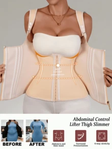 1 Stück einfarbiger, extrem enger Bauch formender BH, versteckt Oberarmfett, tiefer U-förmiger Büstenhalter, verstellbare Knöpfe, schlankmachendes Shapewear - Aprikosenfarben - Übersicht 7