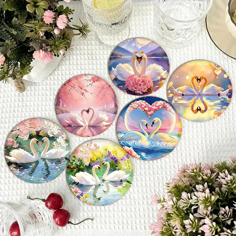 A Set Of Coasters With The Theme Of "Swan + Love Imagery". This Type Of Love-Themed Coasters Often Have "Symbolic Love Creatures + Romantic Elements" As The Core, Using Practical Carriers To Convey Emotional Implications, Which Is One Of The Mainstream Directions For Couples' Decorations. - Wooden Board-circle Coaster - View 1
