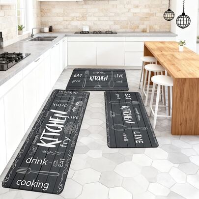 1/2/3pcs Kitchen Rugs With White Line Sketched Fork, Spoon, Coffee Cup Patterns, "KITCHEN" Text, "EAT Good", "LIVE Well", "Laugh Often" Slogans, Vintage Wood Grain Background, Delicate Floral Border, Non-Slip Backing, Suitable For Living Room, Bedroom, Kitchen, Dining Room, Entryway, Bathroom, Laundry Room, Outdoor Picnic, Farmhouse Decor, Essential Home Accessory, Practical & Cozy