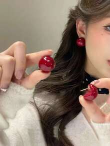 1 Pair Retro New Year Versatile Fashionable Elegant Elegant Earrings, French Luxury High-End Red Ball Stud Earrings