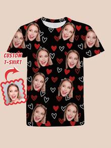 情人节定制趣味表情男士T恤，男士短袖T恤，饰有红色爱心 - 独特表情设计，情侣款，打造独一无二的情人节礼物送给家人和朋友 - 彩色 - 查看 4