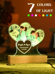 1pc Personalized Anniversary Couple Gift, Custom Acrylic Heart-Shaped Photo Frame (With Photo), Custom Acrylic Spotify Theme Plaque (With Night Light), Personalized Wedding Gift (Couple Style) - Irregularly Shaped Non-through Groove - Heart 2-image Text YL - View 9