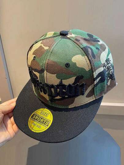 1個 ユニセックス ワイドブリム フラットトップ カモフラージュ 刺繍 ヒップホップ 帽子、調整可能なカジュアル野球帽 メンズ/レディース、春夏秋に適し、ストリートファッション、日よけ