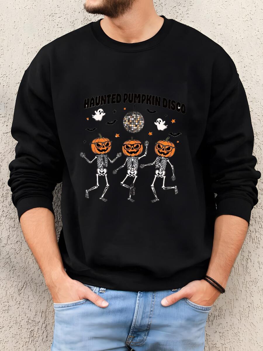 Hombres Camisa De Esqueleto De Calabaza Embrujada, Camisa De Esqueleto De Halloween, Regalos De Halloween, Sudadera - Negro - Ver 1