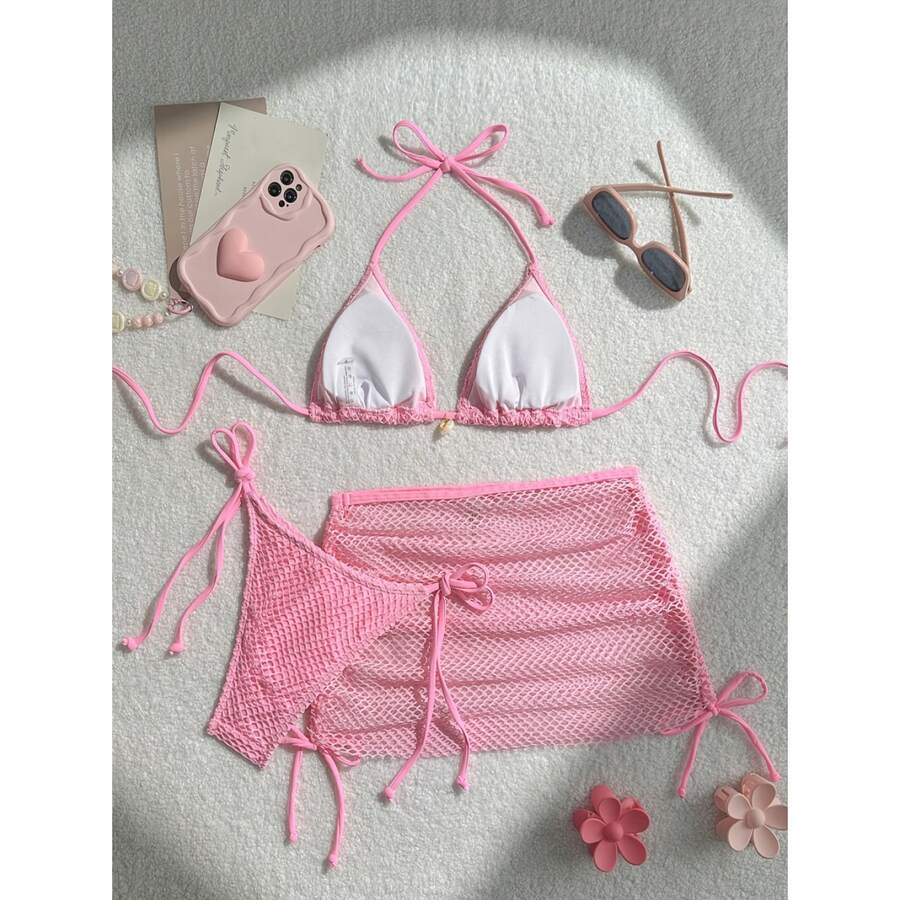 Swimsuit For Women 3 Piece Pink Tulle Beach Bathing Suit Triangle Cups Shell Decor Sexy Swimwear Summer Vacation Outfits - Nhiều màu 233 - Xem 1
