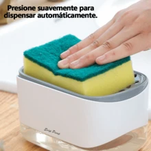 Dispensador automático de jabón con mecanismo de presión para dispensar, soporte para esponja de cocina, depósito transparente para líquido con diseño de drenaje. Fácil manejo con una sola mano, gran capacidad de 250 ml, base antideslizante para facilitar la limpieza. Solución de almacenamiento práctica que ahorra agua y jabón. - Blanco - Ver 1