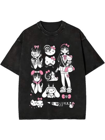 COOL SUMMER Junji ItoS X Hello Kittysssss T-Shirt Popular T Shirts Short Sleeves Y2K funnyss Tops Beach Cotton O Neck Oversized Clothes playeras de algodón mujer