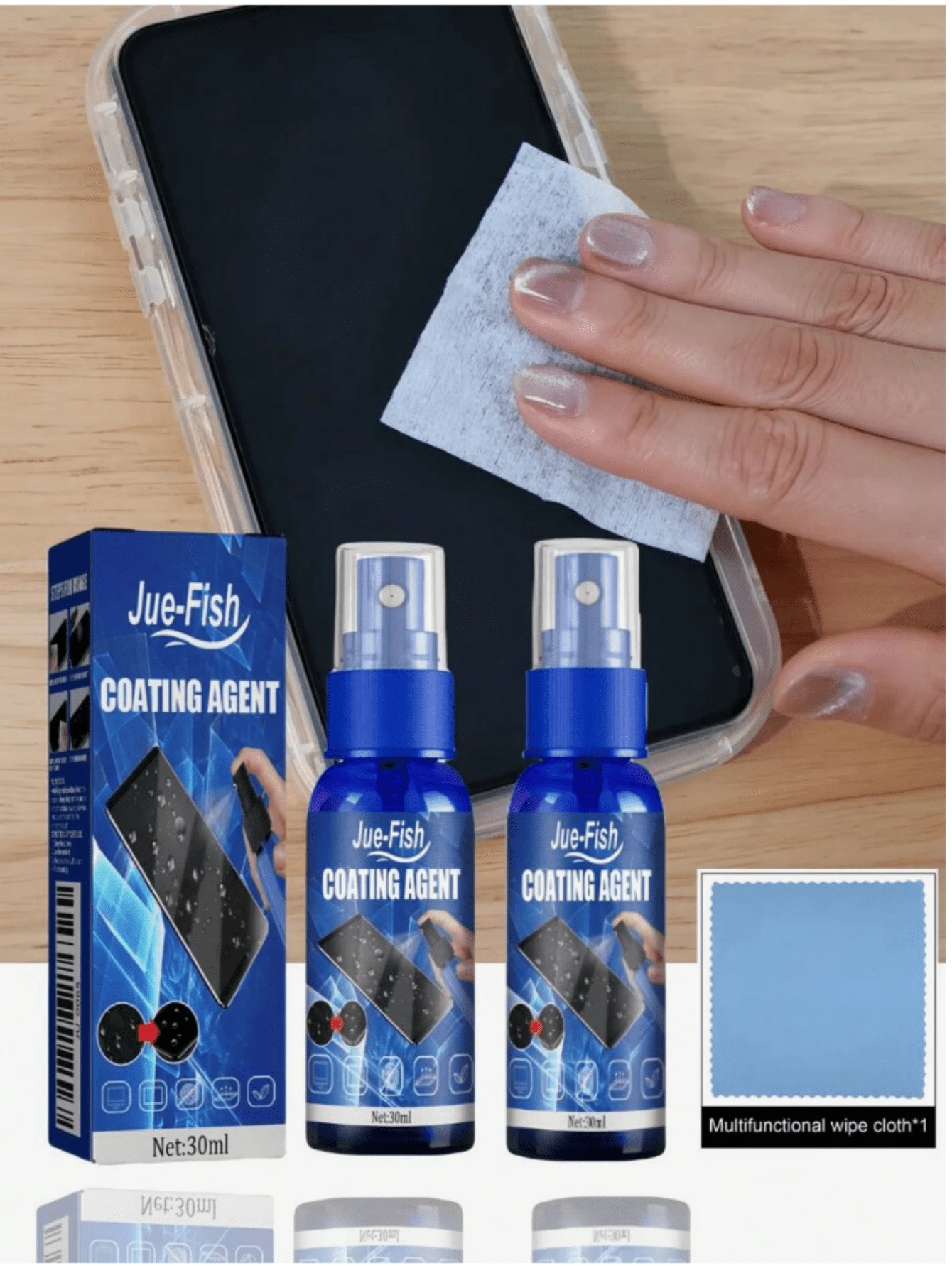 JUE FISH Screen Coating Agent, Mobile Phone Screen Cleaning Fluid Anti-Scratch Anti-Fingerprint Glass Hydrophobic Oleophobic Coating Liquid. Easy To Use, Good Water Resistance, High Clarity And Transparency.