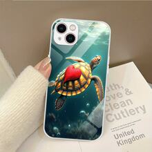 Diseño de Arte de Patrón de Tortuga y Corazón de Fantasía 2D - Funda de Teléfono de Vidrio Templado de Alta Calidad y Duradera, Funda de Teléfono de Vidrio Templado de Patrón Creativo para iPhone, con Textura Premium y Diseño Minimalista, Vidrio Templado Duro, Cubierta Protectora Moderna y Divertida, Accesorios de Moda Unisex - Colores mixtos - Ver 5