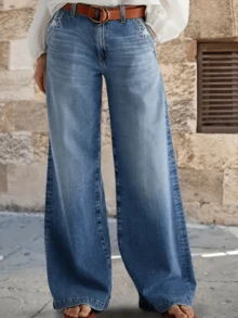 Women's Casual Denim Jeans (Waist Cinching And Hip Lifting - Small Size, Light Washed), Simple Style, Suitable For All Seasons, Loose Hem, Back Pocket Design, Suitable For Daily Wear - 淺色水洗 - 查看 2