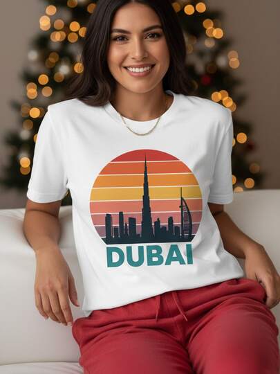 Womens Dubai Retro Skyline City Arab Emirates UAE Architecture Art T-Shirt 100% Cotton Crew Neck Short Sleeve Vintage Sunset Graphic Tee Novelty Travel Souvenir Gift For Men Wome-1