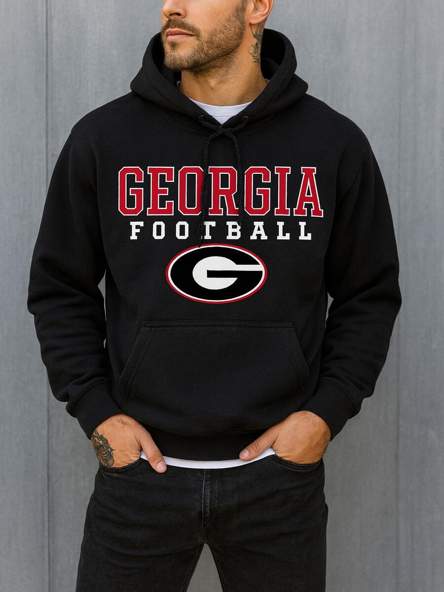 Georgia Football Logo Print Men's Autumn Soft Loose HoodedShirt,Long Sleeve Pocket Sweatshirt,Breathable Casual Fashion - 黑色 - 查看 1