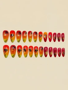 24pcs Orange Maple Leaf Pattern Nail Stickers, Almond Shaped Fake Nails, Press-On Nails, Nail Art Supplies, Y2K Style - Orange - View 4