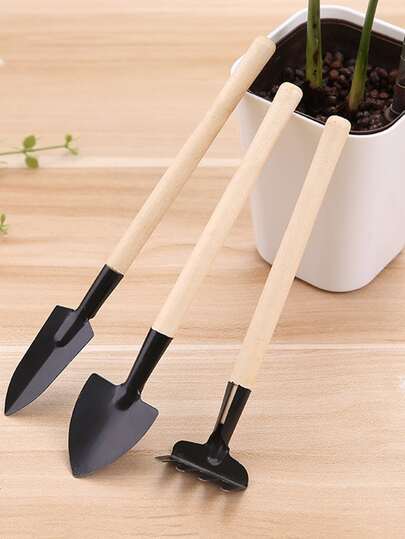 3件套园艺工具，适用于花卉和多肉植物，包括松土铲、移植铲和手耙。