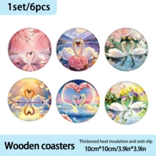 A Set Of Coasters With The Theme Of "Swan + Love Imagery". This Type Of Love-Themed Coasters Often Have "Symbolic Love Creatures + Romantic Elements" As The Core, Using Practical Carriers To Convey Emotional Implications, Which Is One Of The Mainstream Directions For Couples' Decorations. - Wooden Board-circle Coaster - View 10