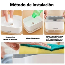 Dispensador automático de jabón con mecanismo de presión para dispensar, soporte para esponja de cocina, depósito transparente para líquido con diseño de drenaje. Fácil manejo con una sola mano, gran capacidad de 250 ml, base antideslizante para facilitar la limpieza. Solución de almacenamiento práctica que ahorra agua y jabón. - Blanco - Ver 11