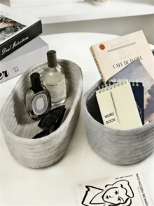 1/3pcs Handmade Woven Storage Basket, Bohemian Style Desktop Organizer Basket, Bathroom Vanity Organizer, Kitchen Snack & Candy Rack, Toy Storage Bin, Home Decor Basket, Gift Basket, Cosmetic Organizer Basket - Light Grey - View 4