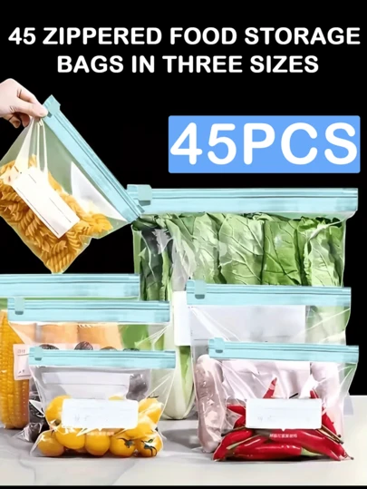45pcs Reusable Food Storage Bags - Extra Thick Freezer Bags Leak-Proof Plastic Bags, Clear Transparent Ziplock Pouches, Travel Use Resealable Packaging Preservation Bags