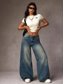 Women's Casual Denim Jeans (Couple Style - Wide Leg Fit), Suitable For All Seasons, Oversized Charcoal, High Waist, Full Length, Casual Outdoor Pants, Multi-Functional Daily Wear, Suitable For Family And Leisure, Slim Fit For Teenagers To Adults, Minimalist Design, Durable Denim Pants - 水洗 - 查看 3