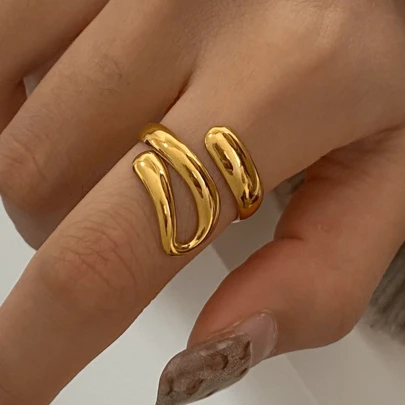 Miia High Quality Stainless Steel Ring, Fashionable INS Style Line Design Open Ring, Adjustable Low Allergy Non-Fading Ladies Ring