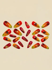 24pcs Orange Maple Leaf Pattern Nail Stickers, Almond Shaped Fake Nails, Press-On Nails, Nail Art Supplies, Y2K Style - Orange - View 2