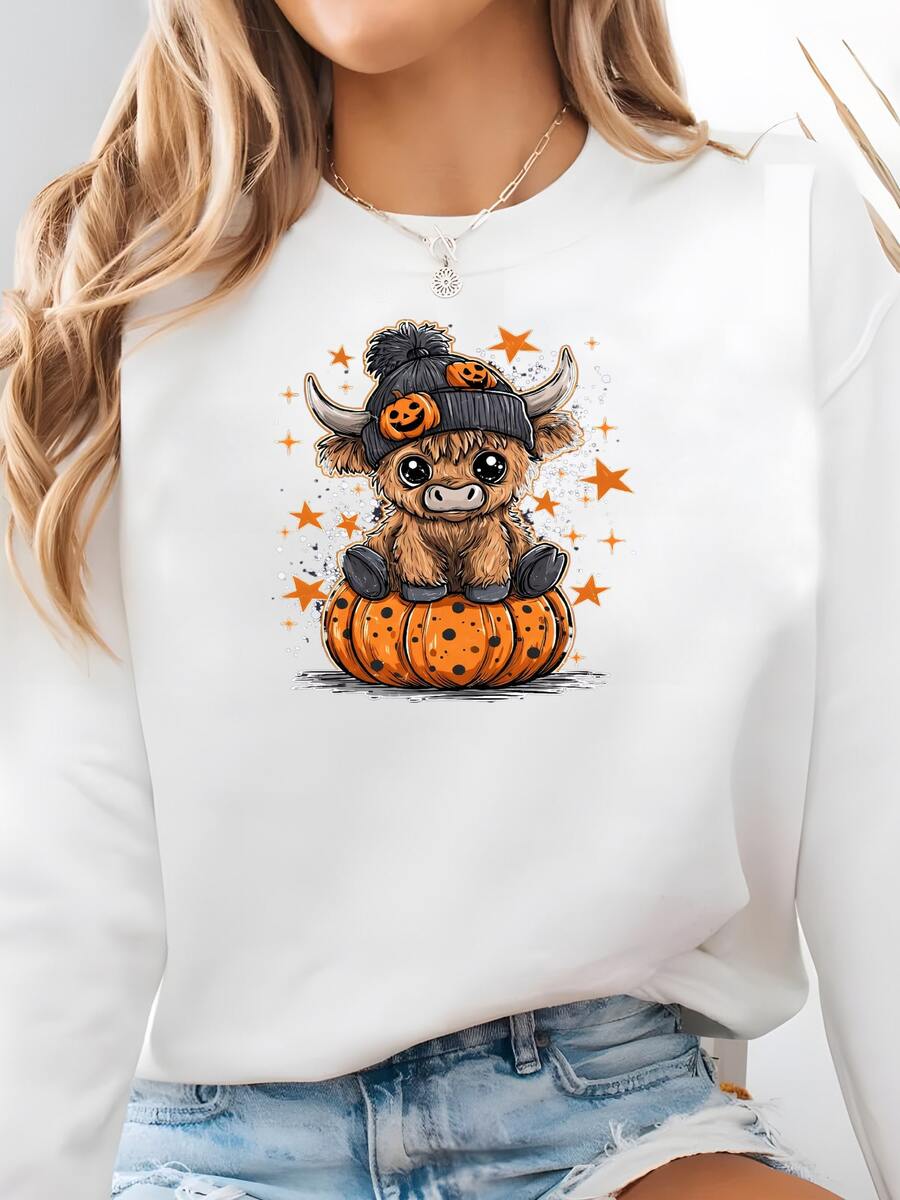 Retro Halloween Vaca De Las Tierras Altas, Espeluznante, Halloween, Tee Gráfica, Camisa De Halloween, Vaca Peluda, Vaca De Las Tierras Altas, Sudadera - Blanco - Ver 1