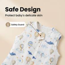 1件轻薄无袖婴儿睡袋，100%纯棉纱布面料，可爱热气球和海豚印花，适合新手妈妈，春夏款