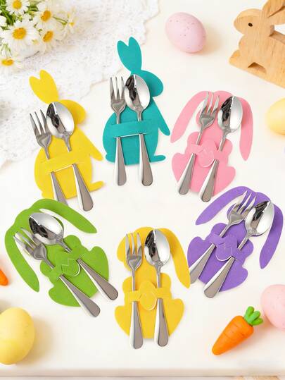 12/8pcs Easter Bunny Ear Shaped Non-Woven Cutlery Bags, Easter Home Dining Table Decor, Easter Decorations, Easter Gifts, Easter Party Supplies, Easter Party Tableware Decor, Easter Table Decor, Kitchen & Dining Room Decor, Easter Room Decor, Home Decor, Easter Decorations, Easter Gifts, Easter Table Decor, Holiday Decorations