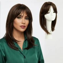 18英寸女士假发，自然棕色带金色挑染直发，层次感合成假发，带刘海，16*16厘米大底网，无缝融合，遮盖秃顶或白发，缓解脱发和白发问题 - 彩色 - 查看 11