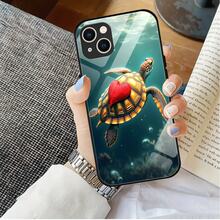 Diseño de Arte de Patrón de Tortuga y Corazón de Fantasía 2D - Funda de Teléfono de Vidrio Templado de Alta Calidad y Duradera, Funda de Teléfono de Vidrio Templado de Patrón Creativo para iPhone, con Textura Premium y Diseño Minimalista, Vidrio Templado Duro, Cubierta Protectora Moderna y Divertida, Accesorios de Moda Unisex - Colores mixtos - Ver 7