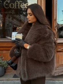 TRAFZA Women's Faux Fur Elegant Jacket, Casual Luxury Solid Color Coat, Warm Loose Women's Fashion Street Style Long Sleeve Jacket - Brown - View 6