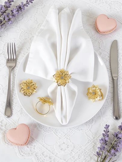 4-12个金色花朵餐巾环，情人节餐巾环，适用于餐桌装饰、晚宴、婚礼、餐饮活动
