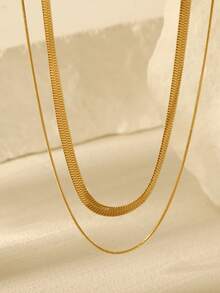 Simple Stainless Steel Gold Herringbone Chain Necklaces For Women, Stackable Flat Snake Chain Choker, Non Tarnish, Minimalist Style Fashion Jewelry Set Perfect For Daily Wear Valentine's Day, Thanksgiving, Christmas Gifts - Vàng - Xem 2