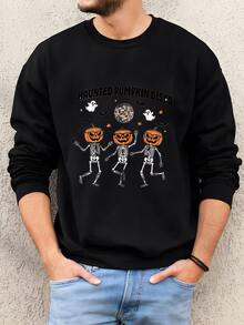 Hombres Camisa De Esqueleto De Calabaza Embrujada, Camisa De Esqueleto De Halloween, Regalos De Halloween, Sudadera - Negro - Ver 2