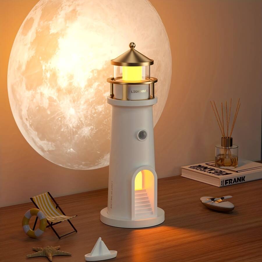 月球灯投影夜灯，灯塔装饰灯，卧室灯，月光星空投影灯，可充电LED装饰灯，圣诞节/生日礼物（带运动传感器/遥控器） - 彩色 - 查看 1