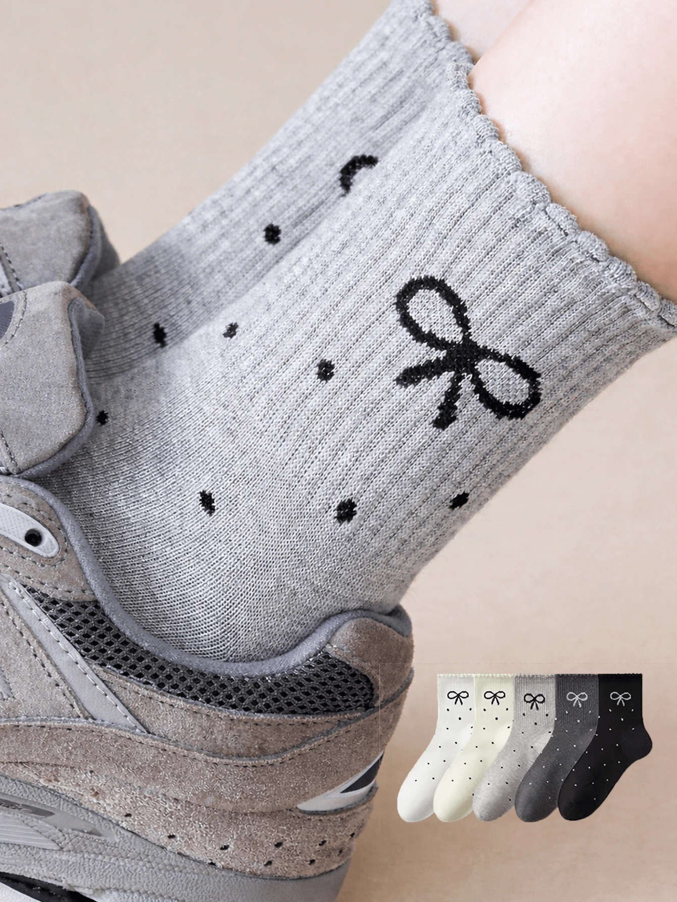 5 Pairs Solid Color Children's Socks With Cute Polka Dot & Bow Embroidery, Soft, Breathable, Suitable For Boys And Girls, Ideal Gift For Kids All Year Round - Multicolor - View 1