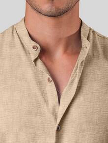 Men's Short Sleeve Linen Look Dress Shirt With Priest Collar - Shirt For Summer 2025 - Fresh Shirt - Beach Fashion - 杏色 - 查看 2