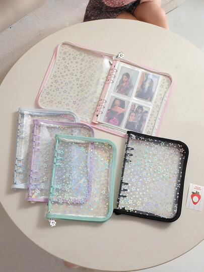 1 buc. Caiet A5 transparent cu cer înstelat, reîncărcabil și album foto cu fermoar din PVC, copertă de album reutilizabilă, geantă de depozitare pentru autocolante goale, potrivit pentru jurnal, album, rechizite școlare și de birou - clasor lucios cu 6 inele, foi libere, cu suport pentru carduri