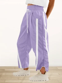 Imily Bela Women's Baggy Wide Leg Pants Casual Drawstring Elastic Waisted Contrast Color Workout Y2K Track Pants - Màu tím - Xem 1