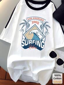 女士休闲波浪纹短袖中长款T恤，时尚撞色条纹上衣 - 白色 - 查看 1