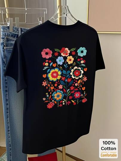 Áo thun tay ngắn dáng lửng in họa tiết hoa, kiểu dáng thời trang dành cho nữ.