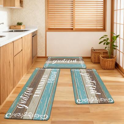 1/2/3pcs Vintage Grateful Handwritten Text Floral Bordered Wood Grain Pattern Kitchen Rugs, Suitable For Living Room, Bedroom, Kitchen, Dining Room, Entryway, Bathroom, Laundry Room, Outdoor Picnic, Farmhouse Decor, Non-Slip Backing, Practical & Cozy Home Essential