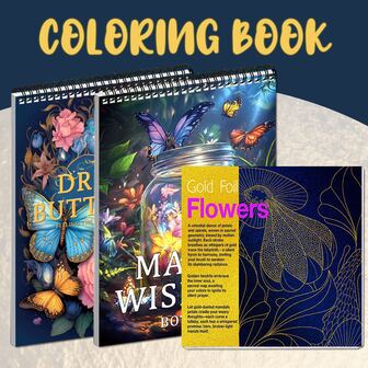 三册豪华涂色书套装 - 蝴蝶与魔法罐主题，烫金花卉插图，厚纸装订，A4螺旋装订和活页装订，成人休闲冥想艺术 | 圣诞节、万圣节、感恩节、新年、情人节和斋月的完美礼物