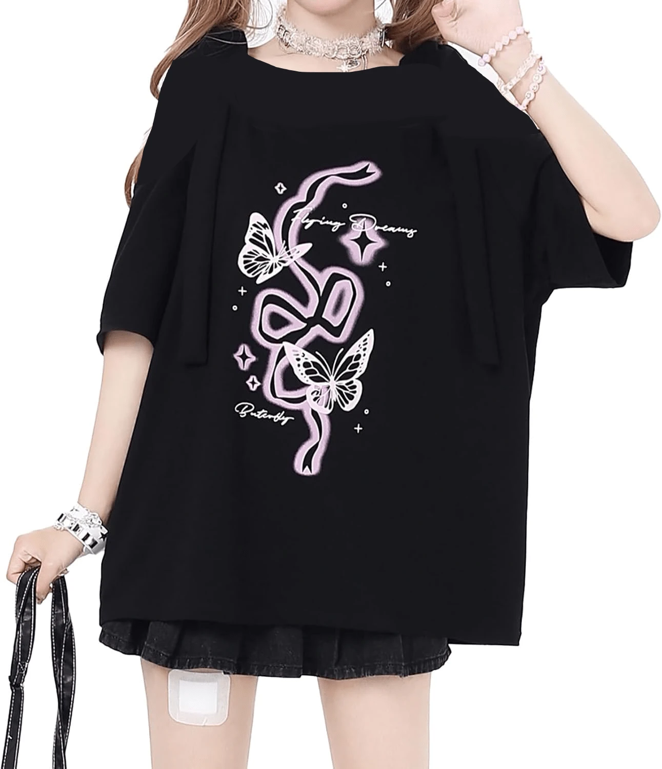 [Jundakara] Camisetas para Mujeres Sin Hombros Estampado de Mariposa Lindo Soñador Estilo Harajuku Estilo Coreano Estilo Preppy Estilo Landmine Estilo Sick Estilo Subcultura Estilo Genial Estudiante Sexy Moda Hogar Lindo Hombro Abierto Primavera Verano Otoño - Negro - Ver 1