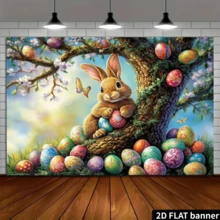 Fundal foto 2D plat 1 buc cu iepuraș de Paște și ouă colorate - material textil din poliester de dimensiuni mari cu flori de cireș înflorite și iarbă verde, ideal pentru petrecerea de Paște, decorarea casei, recuzita de studio și decorarea ușii de garaj suspendate