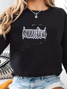 Sudadera De Connecticut, Sudadera De Contorno De Connecticut, Cuello Tripulado De Connecticut, Sudadera Con Capucha De Connecticut Sudadera - Negro - Ver 2