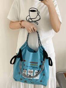 New Women's Tote Bag, Nylon Embroidered Cat Pattern Design, Large Capacity Shoulder Bag, Lightweight Foldable, Suitable For All Seasons, Shopping, Commuting, Outdoor, Gym, Holiday Party, Surprise Gift - Multicolor - View 3